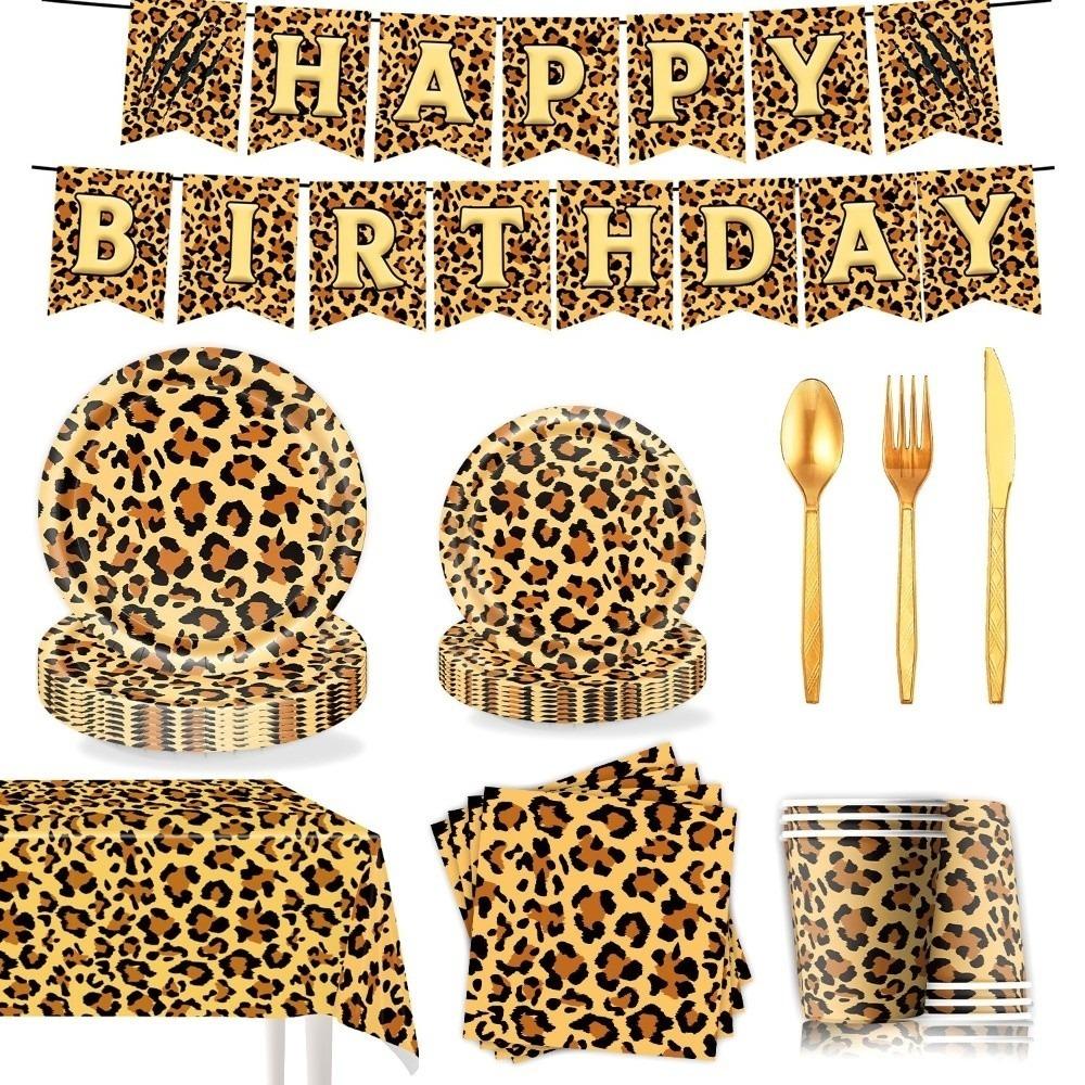 96PCS Tablecloth Tableware Set Napkin Leopard Party Supplies Boys Kids Women