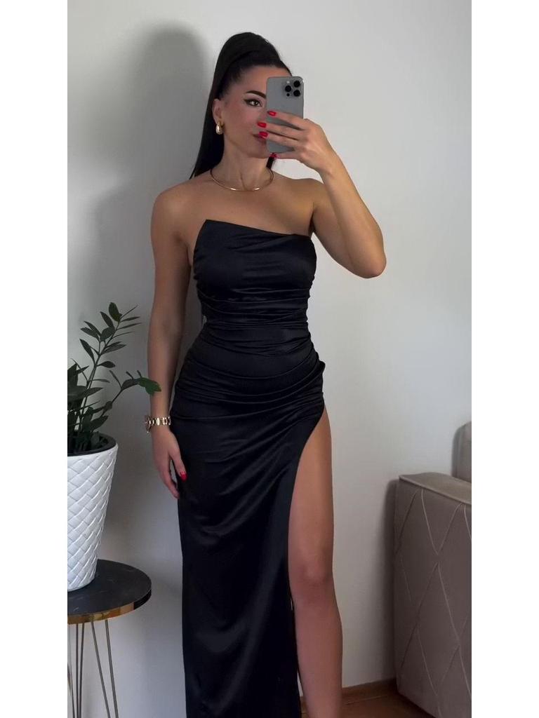 Satin Waist-Cinching Strapless High Slit Dress for Women - Summer 2025 Collection