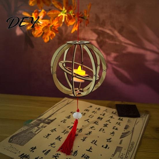 LED Candle Lantern Toy DIY Kit for Mid-Autumn Festival, Hollow Wooden Rotating Ring Making Set with Rabbit, Handmade Tassels