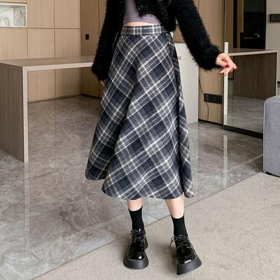 Yousheng Damen Midirock Hohe Taille A-Linie Wollrock Karomuster Schlankmachender Mid-Calf-Rock Täglich Zuhause Streetwear