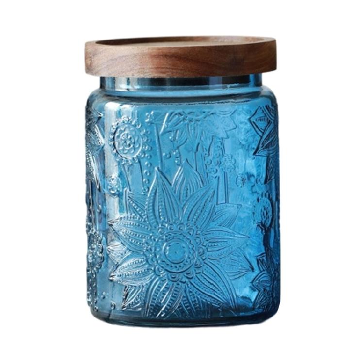 Retro Stijlen Glazen Snoeppot Canister SStorage Container Embossed Luchtdicht Houten Deksel Voor Huisdecoratie