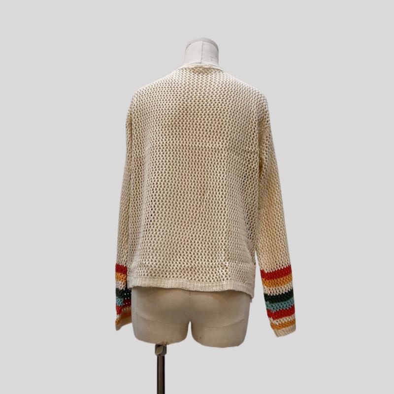 Ethnic Retro Crochet Rainbow Cardigan: Handmade Color Block Long Sleeve Knit Top