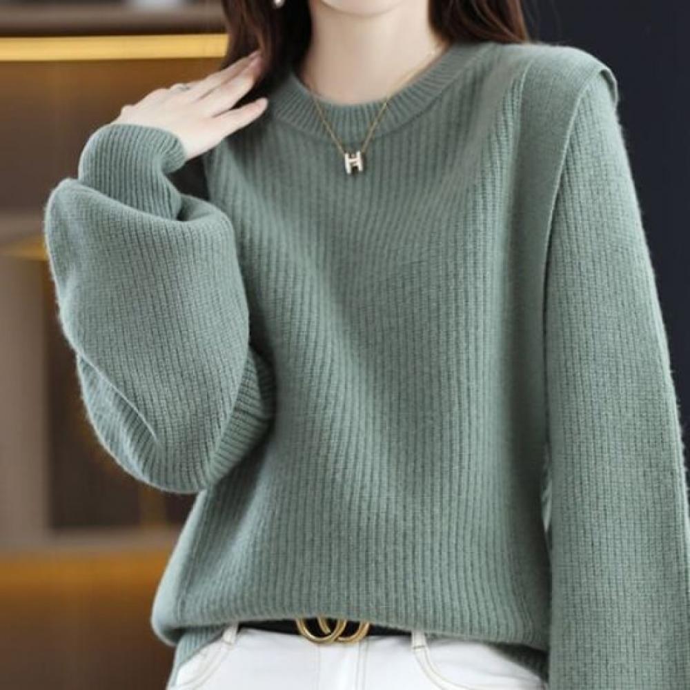 Navava Long Sleeve Knit Sweater Simple Ribbed Round Neck Nk2433
