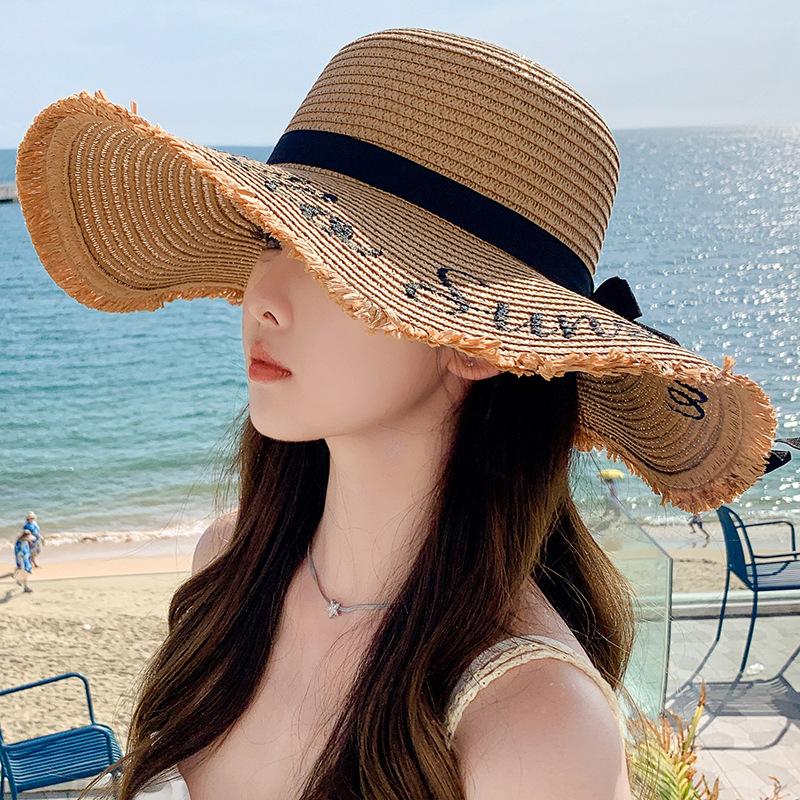 Pălărie de Paie cu Bor Lat, Decorativă cu Fundă, Margine Brută, Pălărie de Soare de Vară Pliabilă, Pălării de Protecție Solară Potrivite pentru Vacanțe Casual