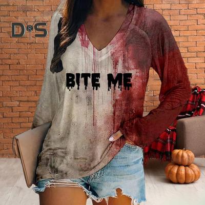 Damen T-Shirt mit V-Ausschnitt, langen Ärmeln, Blut-Brief-Print, lockere Passform, Halloween-Pullover, Tops, Streetwear