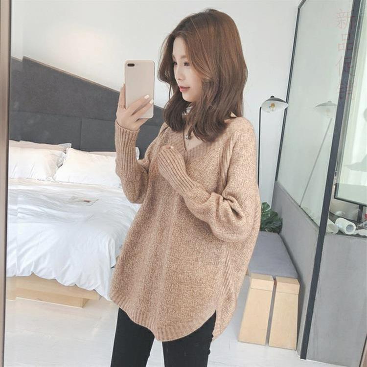 Autumn Winter Women's Sweater Knitwear Loose V-neck Medium-length Knitted Tops Pullover Jumper