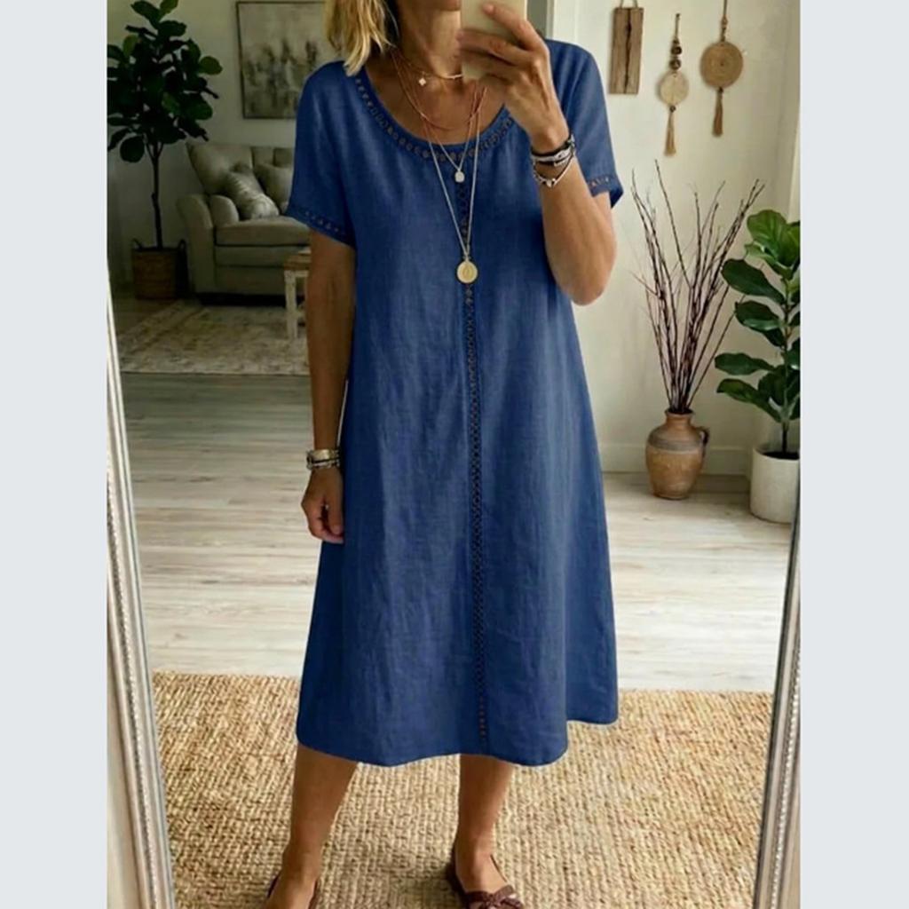 Fashionable Women's Round Neck Short Sleeved Lace Patchwork Cotton And Linen Dress