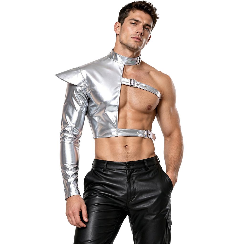 Men Metallic Shiny One Shoulder Crop Top