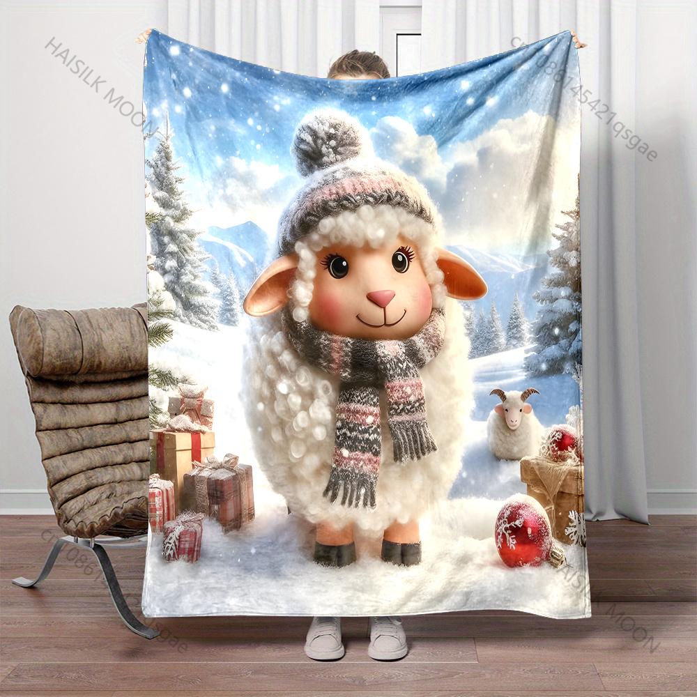 Festive Sheep in Snowy Landscape Pattern Blanket Flannel Material Soft Warm for All Seasons Home Outdoor Camping Picnics RV