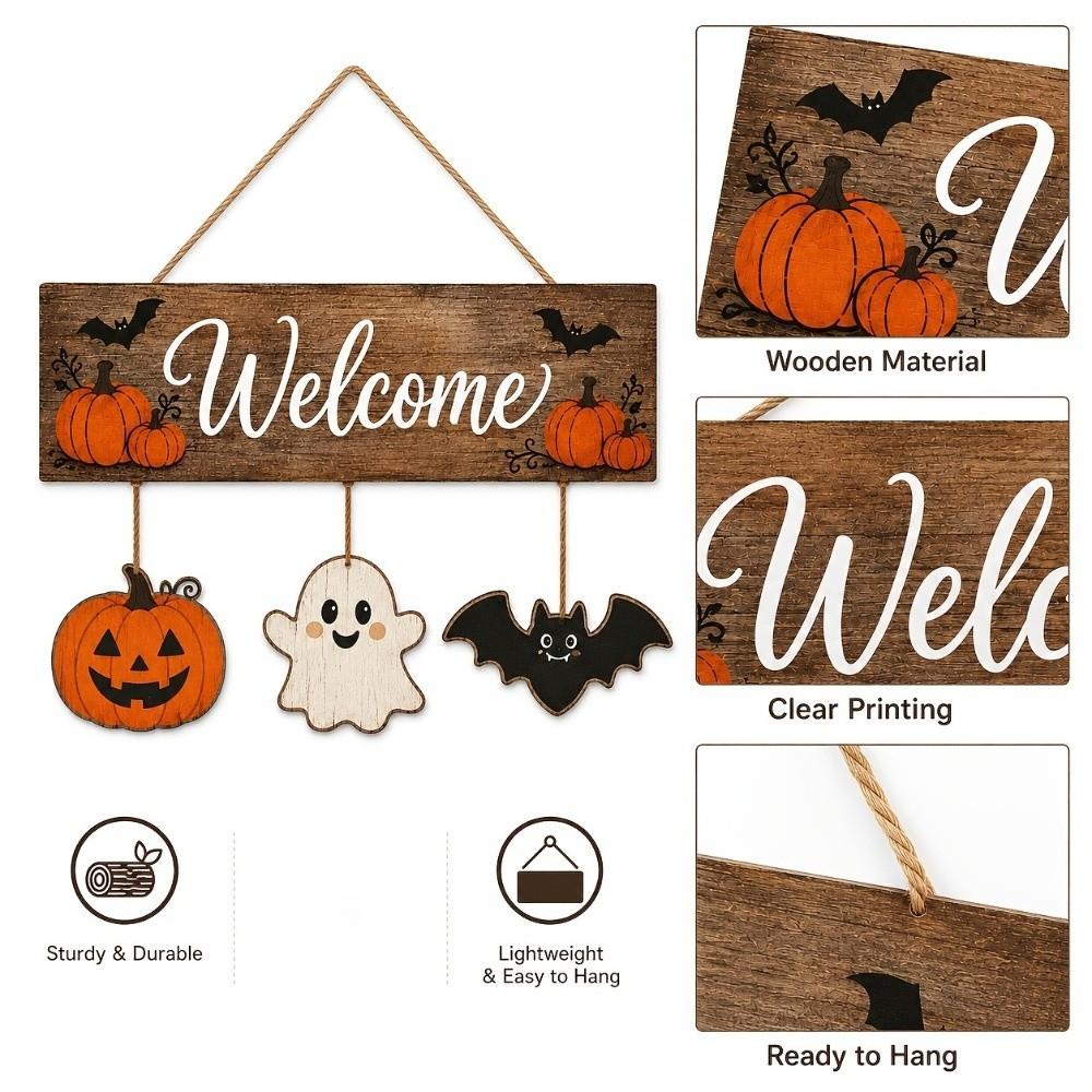 Wear-Resistant Halloween Wooden Welcome Sign 2D Flat Rustic Welcome Board Pendant Autumn Season