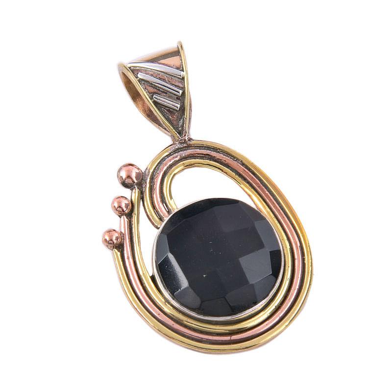 Natürlicher Schwarzer Onyx Edelstein 925 Massives Sterling Silber Zweifarbig Anhänger 1,50" S7S16