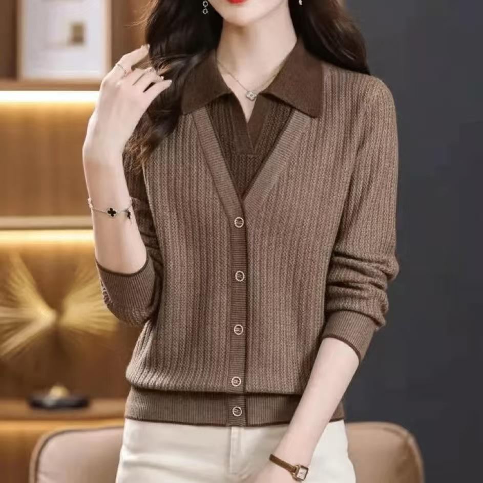 Women s Spring and Autumn Long Sleeve Lapel Fake Two-piece Sweater S коричневый