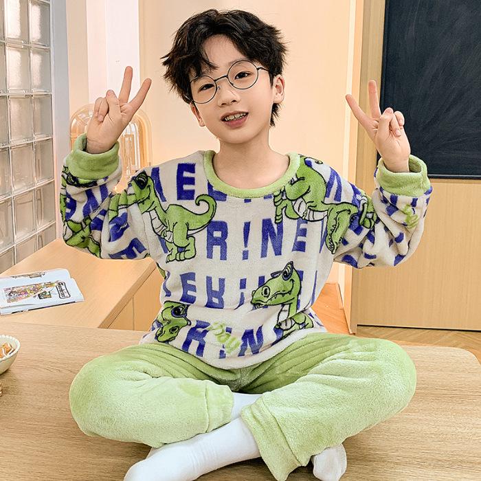 Kinder Cartoon Korallenfleece Pyjama - Warm, Dickes Flanell Rundhals für Jungen, Herbst/Winter Kollektion
