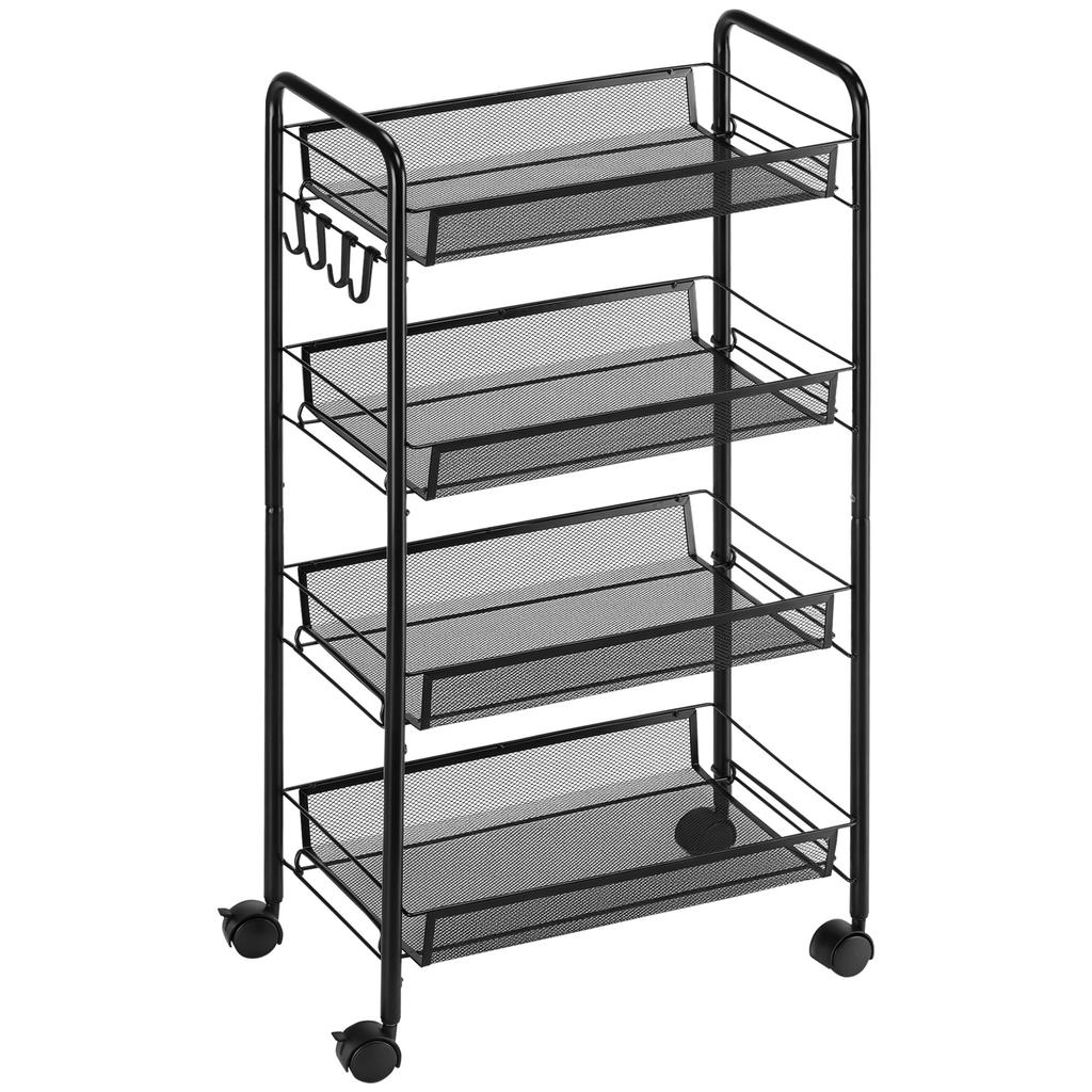 Rolling Cart with 4 Hanging Baskets, Serving Cart On Casters, Mobile, Removable Hooks, Steel, 45 X 26.5 X 84 Cm, Black