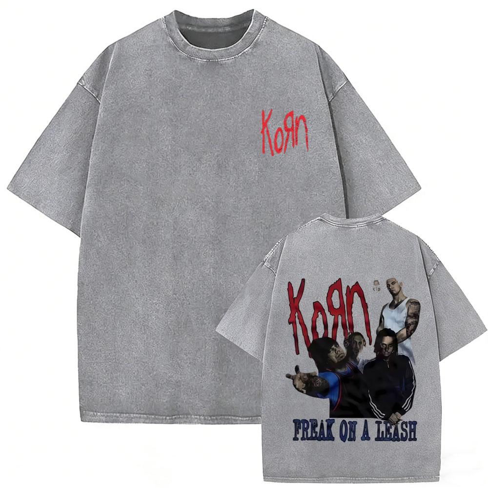 Washed Vintage Rock Band Korn Freak on A Leash Double Sided Print T Shirt Men Gothic Casual Oversized Tees Unisex Summer Tshirt