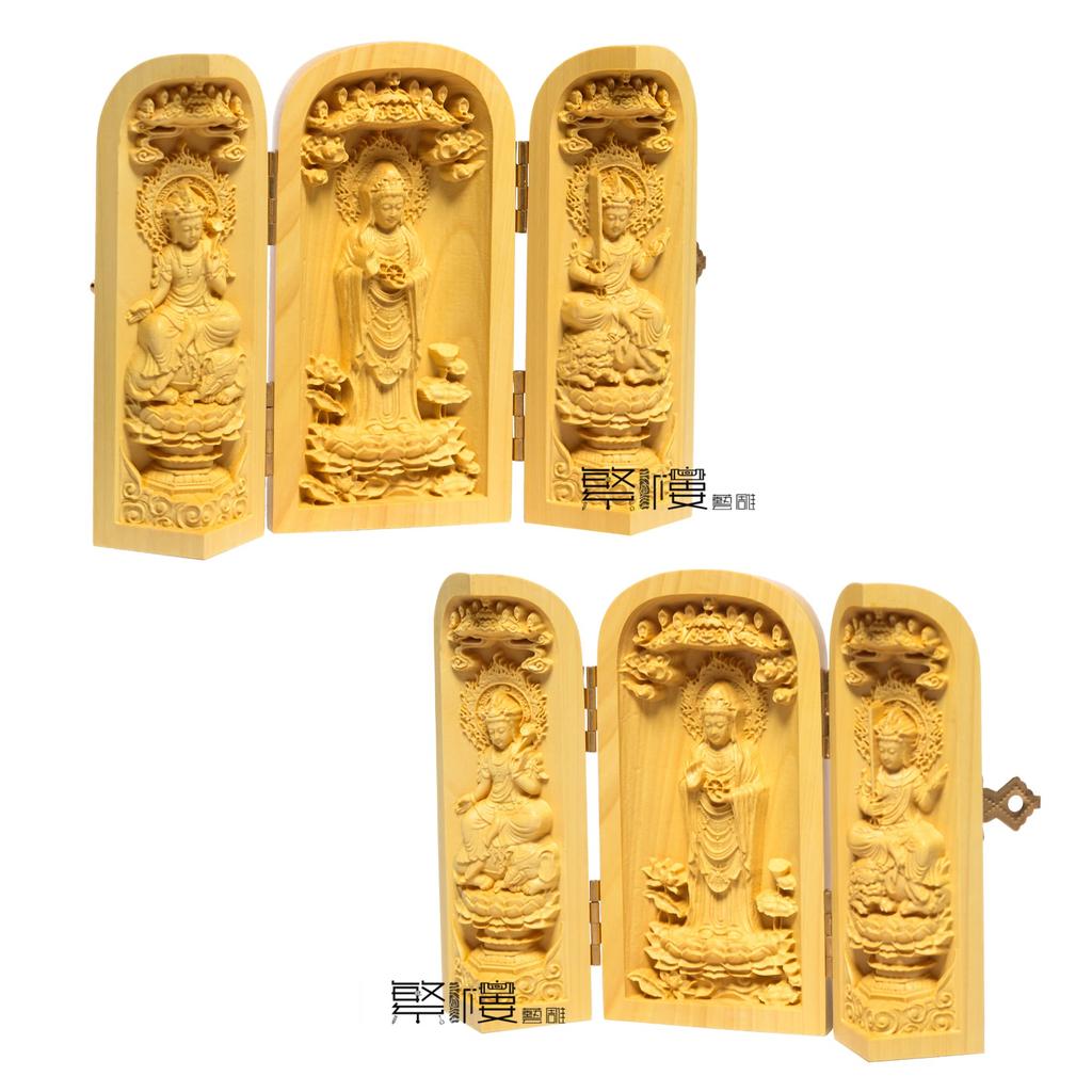 Buddhist Kannon wood miniature Buddhist Buddhist Buddhist ornament 10cm x width 13cm x depth statue, Sankaibutsu, statue, Manjusri, Kannon,