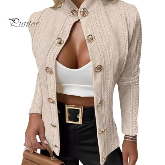 

Женская куртка Slim Fit с воротником-стойкой, длинными рукавами, металлическими пуговицами, жаккардовая верхняя одежда чистого цвета, однотонное пальто для поездок на работу и свиданий S абрикосовый