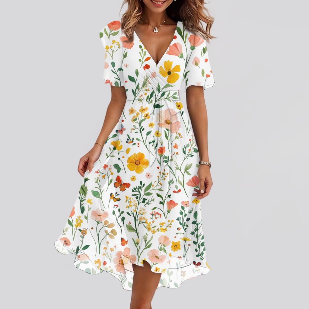 Damenmode Lässig V-Ausschnitt Kurzarm Rüschen Vintage Bedruckte Kleider