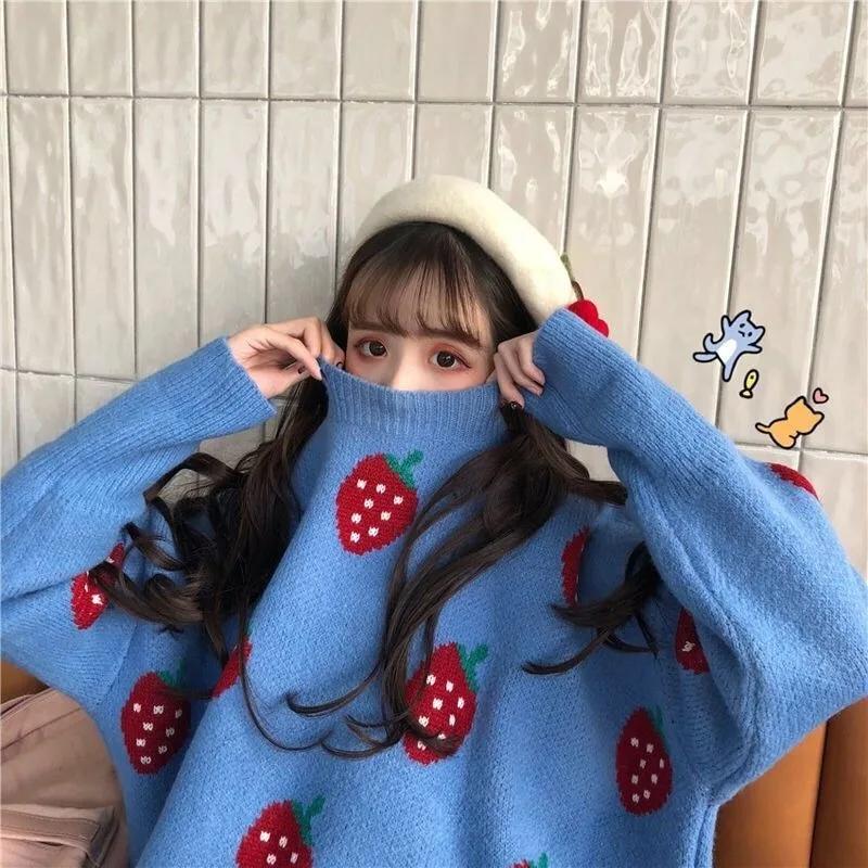 WTEMPO Women's Long Sleeve Fall Strawberries Sweater Cute Girl Knitwear Loose Crewneck Knitted Jumper Pullover Knitting Tops