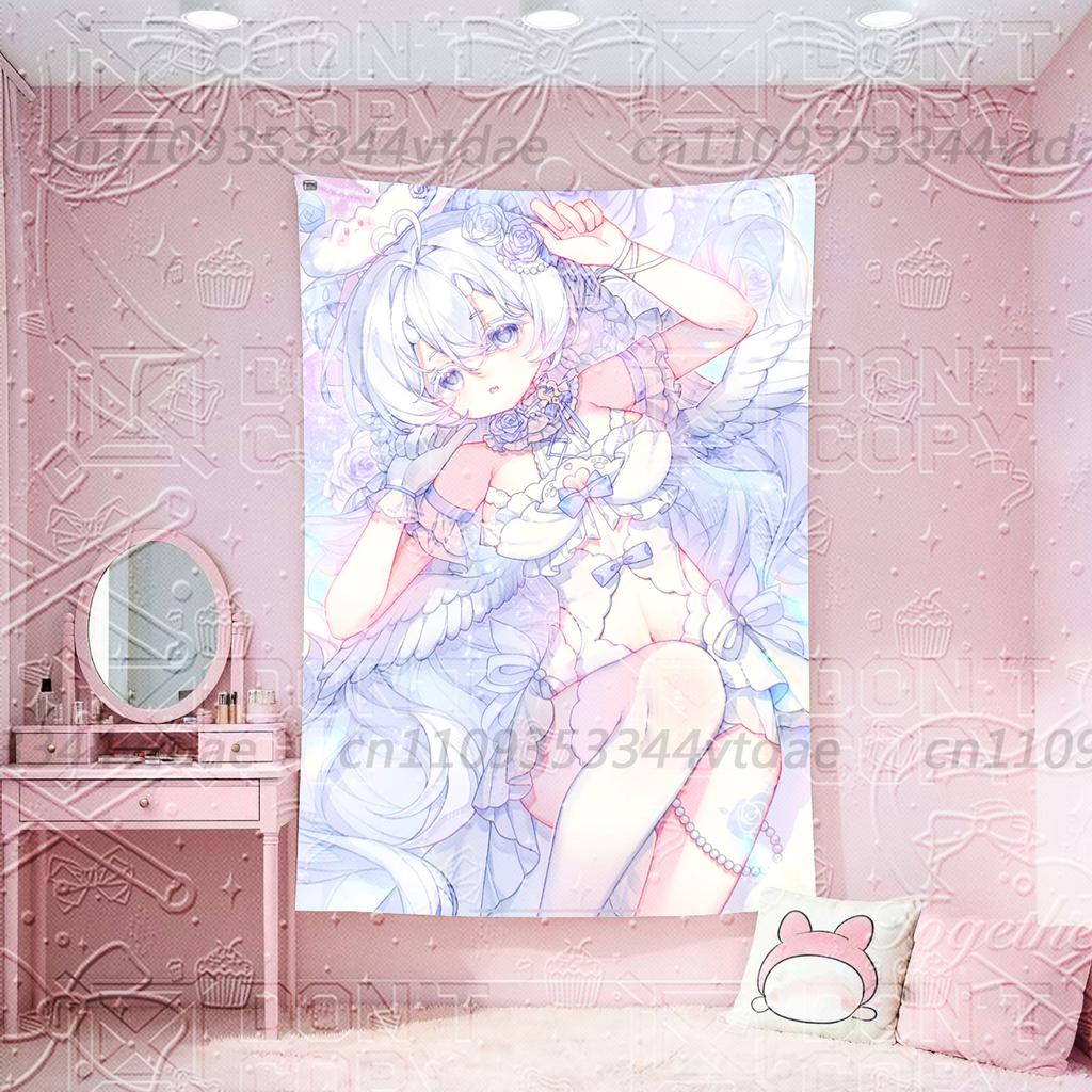 Japanese Anime Angel Girl Tapestry Kawaii Cute Lolita Wall Hanging Ins Style Dorm Room Decor Aesthetic Pastel Background