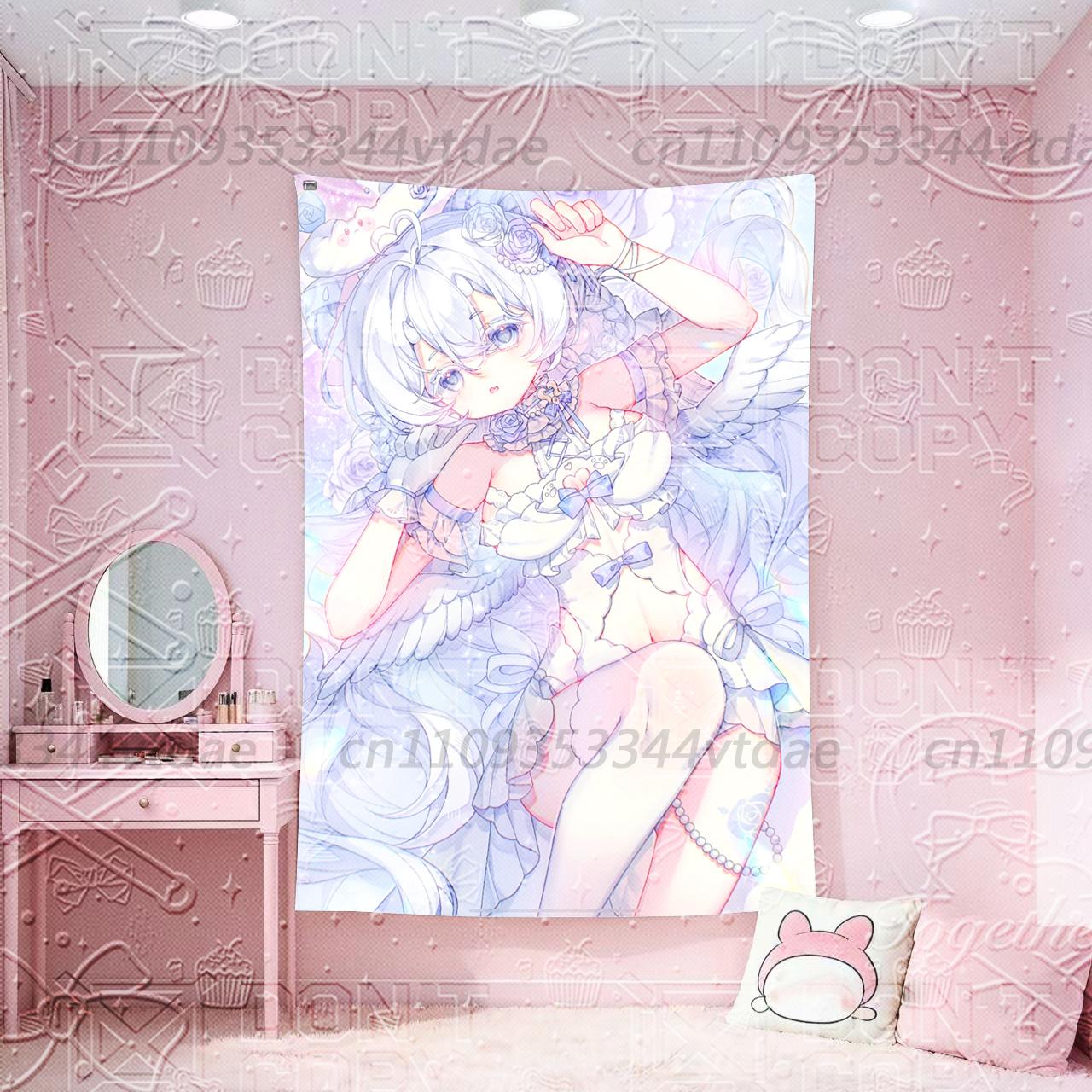 Japanese Anime Angel Girl Tapestry Kawaii Cute Lolita Wall Hanging Ins Style Dorm Room Decor Aesthetic Pastel Background 74x94cm(29x37in)