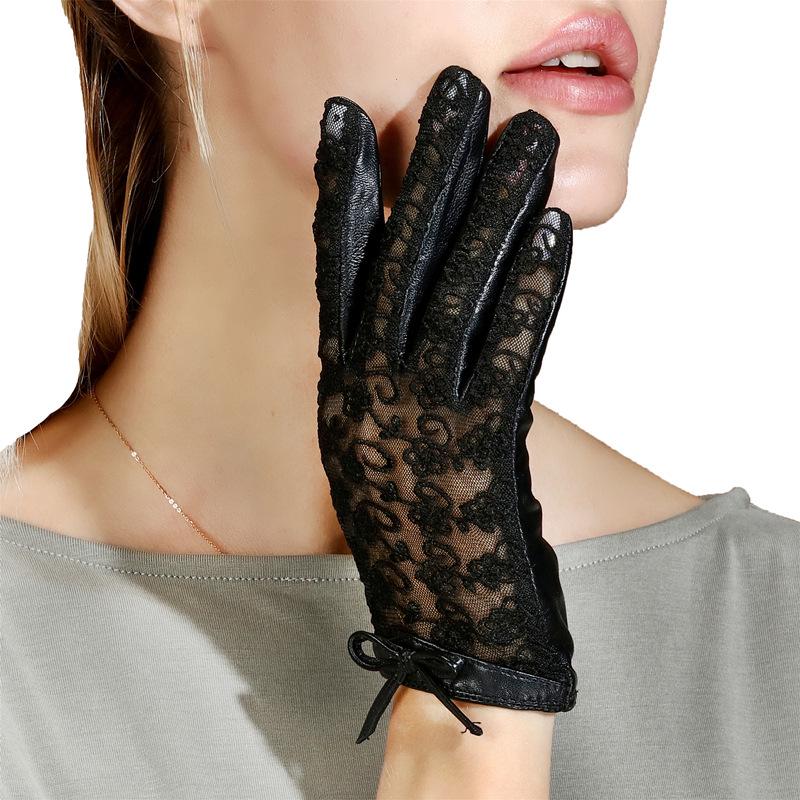 Spring/Summer Lace Sun Protection Gloves: Women s Thin Lambskin Touchscreen Driving Gloves with Butterfly Patchwork