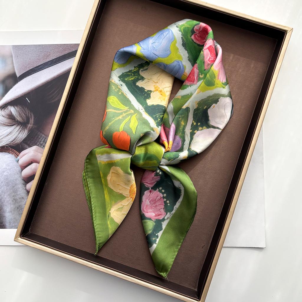 Floral Print Women Scarf Silk Square Neckerchief Spring Autumn Shawl Foulard Headbanda Stole Scarves Bufanda Ties