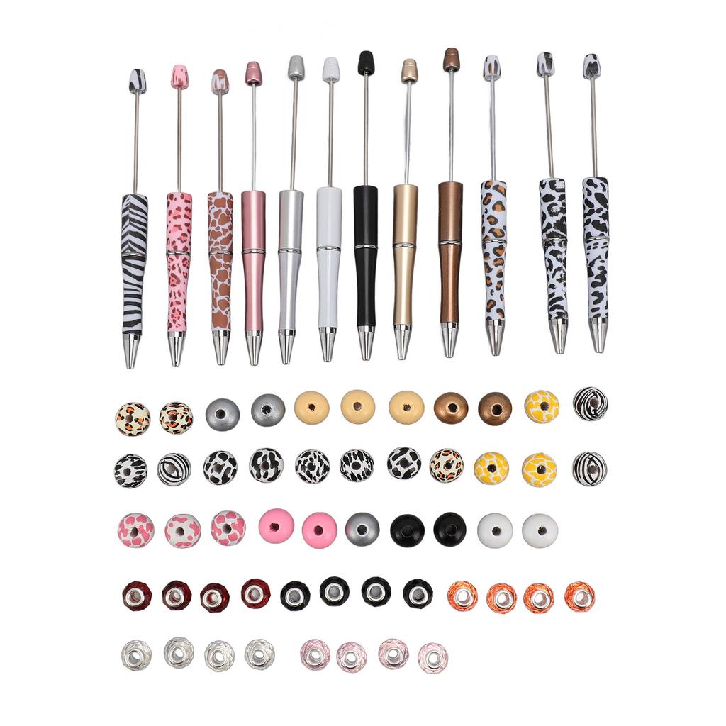 12 Sets Beadable Pens Kit  Assorted Bead Pens Leopard Cow Print Bead Ballpoint Pen for Kids Stude