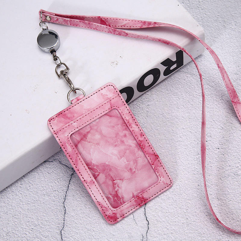 PU ID Card Holder Transparent Badge Holder With Card Slot Three Fold Card Holder Marble Patterned Neck Hanging Card Sleeve