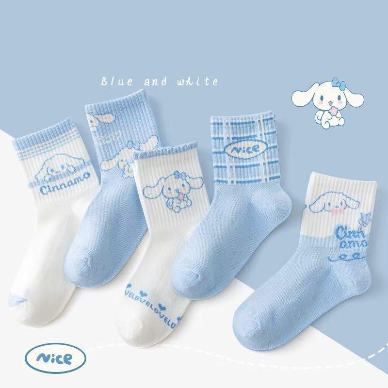 Women Cute Cartoon Mid Calf Socks Breathable Cotton Casual Socks 5 Pairs Pack Comfortable Soft Daily Wear one-size небесно-голубой