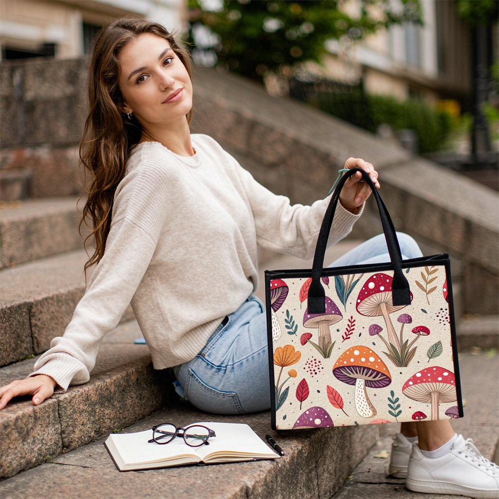 Cute Mushroom Printed Tote Bag Stylish Daily Use Shoulder Bag