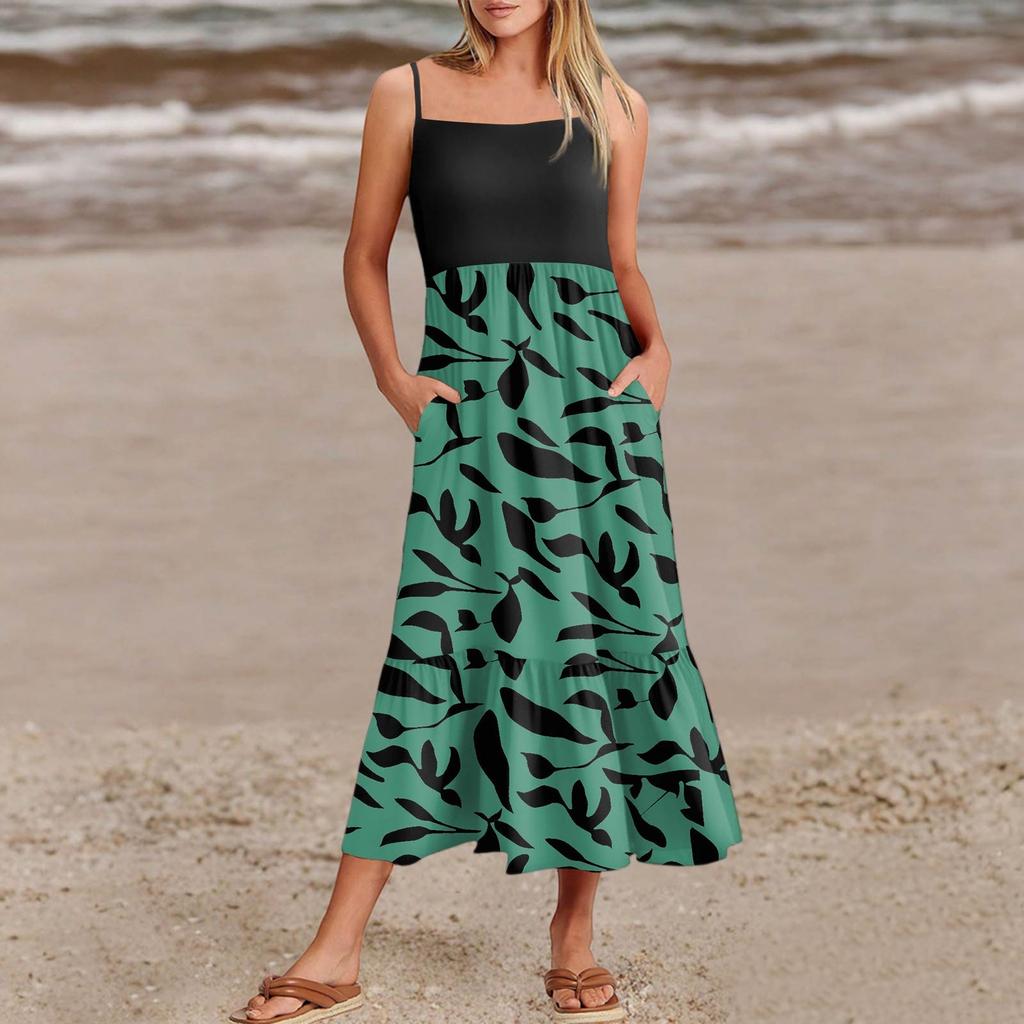 Women's Summer Spaghetti Strap Patchwork Beach Vacation Floral With Pocket Dresses