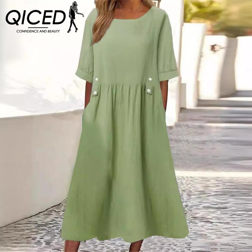 QICED Løstsittende midikjole for kvinner, doble lommer, knappedekorasjon, rund hals, kort erm, sommer boho arbeidskjole