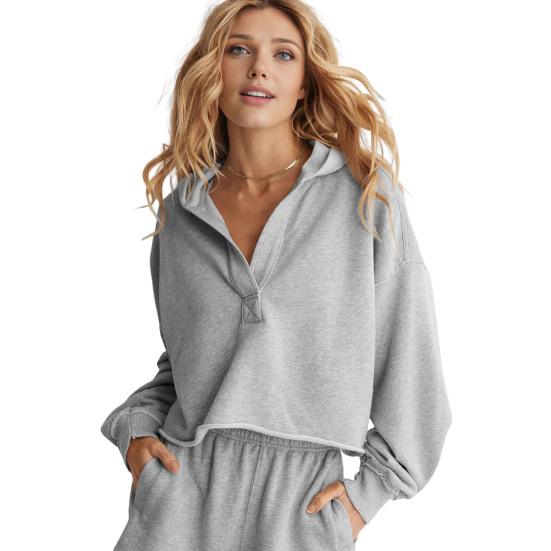 Women's Cropped Sweatshirt Loose Long Sleeve V Neck Hoodies Casual Hooded Pullover Crop Workout Top