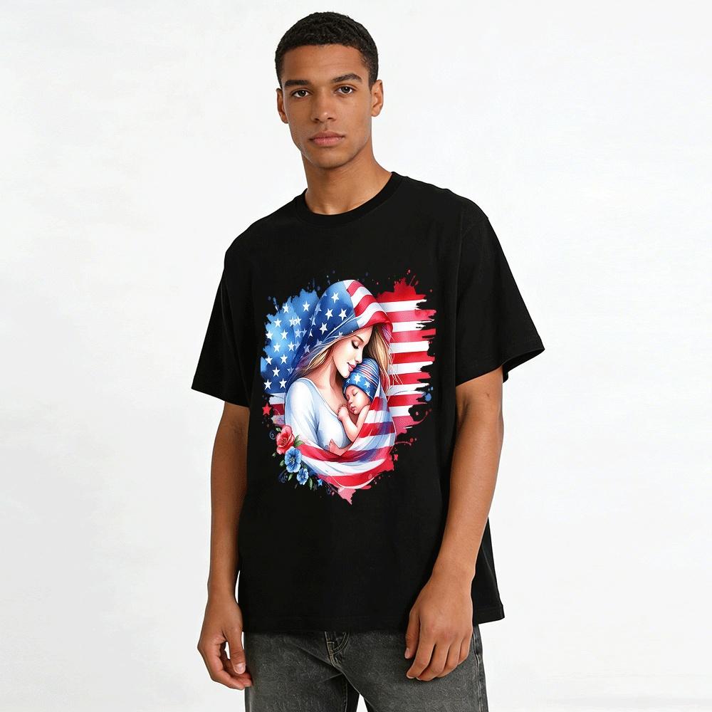 American Flag Mother And Baby Print Casual T-Shirt Pure cotton T-shirt