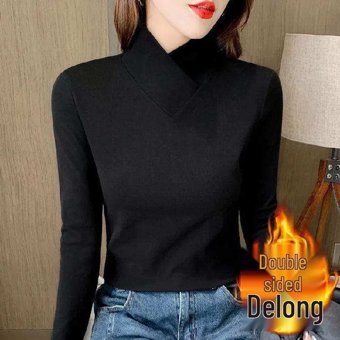 

Женская двухсторонняя бархатная футболка с длинным рукавом и полувысоким воротником, облегающего кроя - однотонная, для ношения осенью/зимой 3XL чёрный