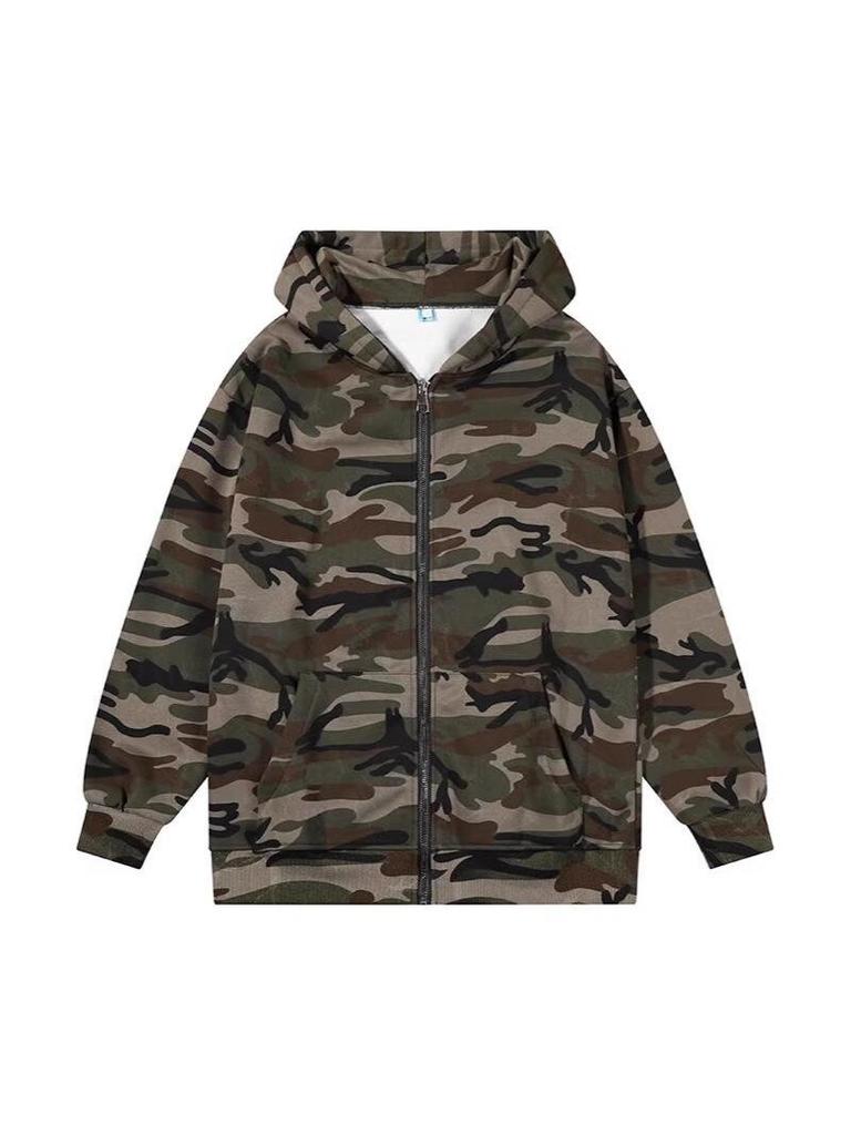 American Retro Camo Streetwear Hoodie for Men & Women - Trendy Unisex Zipper Jacket