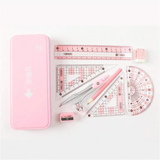 Compasses Student Geometry Set Math Compass Divider, Set Squares, Ruler, Compasses and Protractor, 8 Piece Set Measuring Tools(Pink)