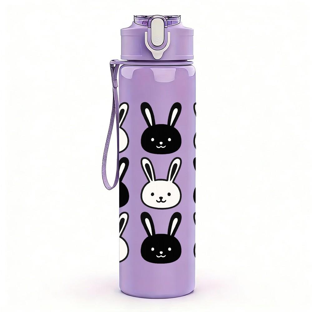 1PC Black White Rabbit Repeat Grid 750ml Color Plastic Sports Water Bottle Leakproof Flip Straw Lid For Sports Office Home Use