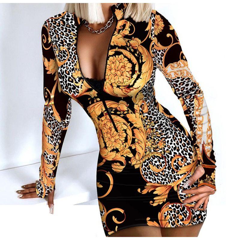 

Spring and Summer New Arrival Fashion Style V Neck Zipper Leopard Print Houndstooth Silm Sheath Tight Long Sleeves Dress Female Dress Leopard print 2XL