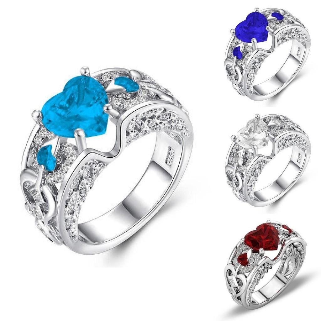 Elegant Women Ladies Rhinestone Princess Heart Shape Jewelry Wedding Ring