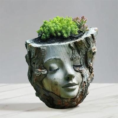 Durable Funny Girl Face Flowerpot Resin Crafts Handmade Tree Stump Girl Pot Waterproof Figure Planter Garden Courtyard Balcony