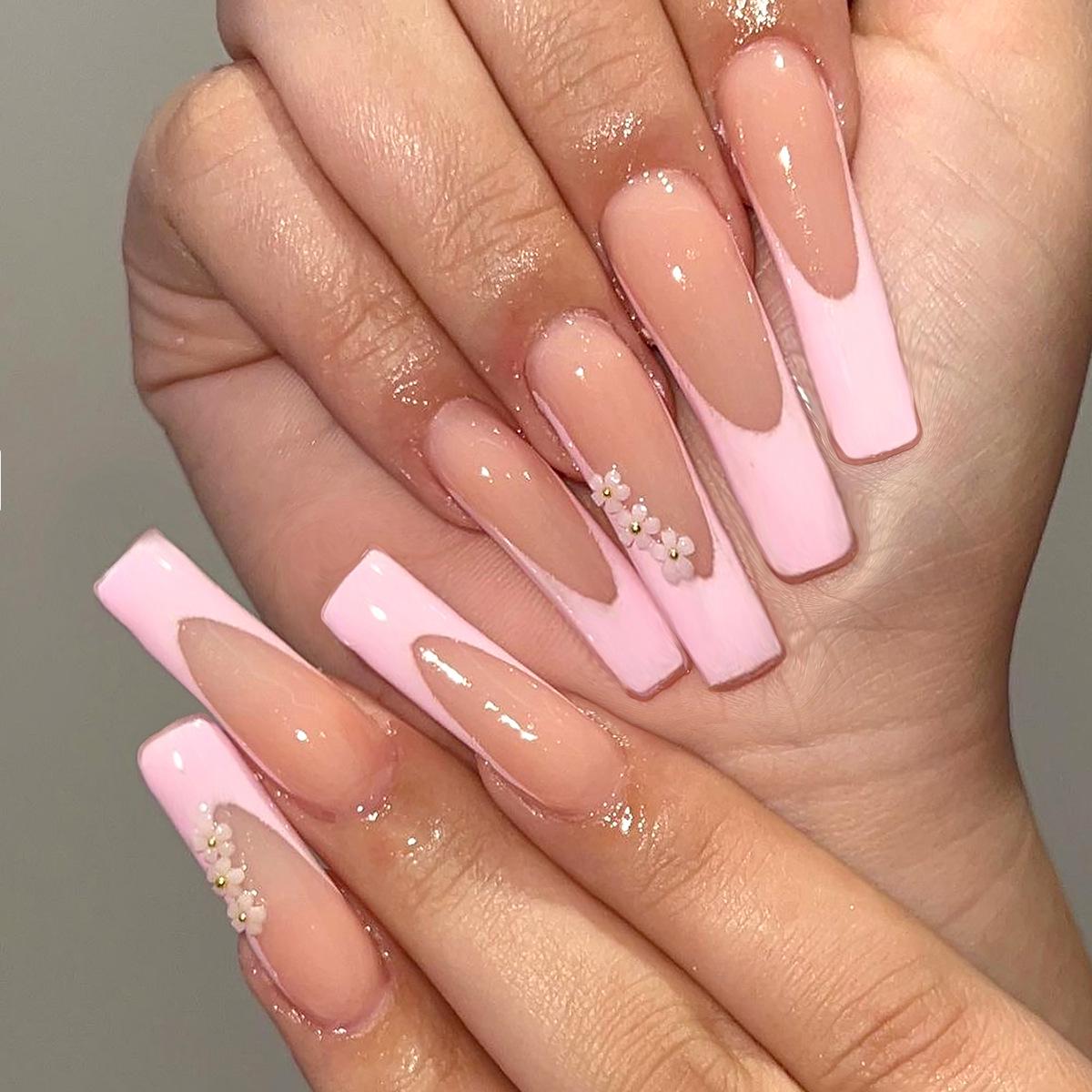 

European & American Long Water Pipe-Style Removable French Flower False Nails