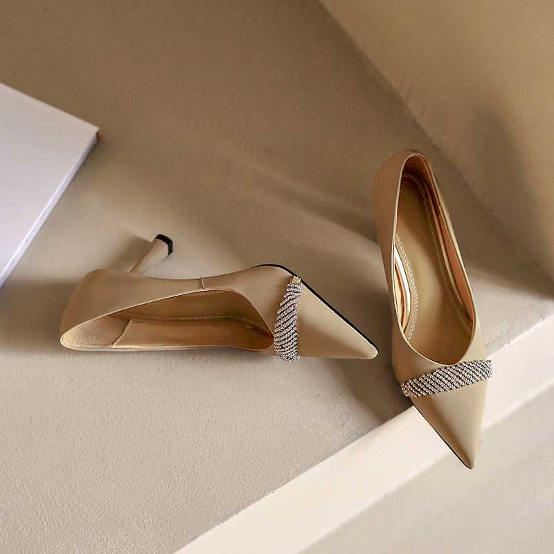 Cow Leather Pointed Toe High Heels Rhinestone Women Pumps