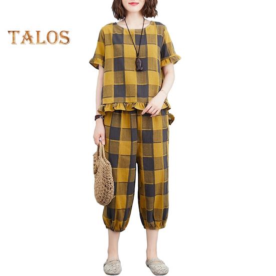 

Женский комплект из 2 предметов для отдыха, повседневный клетчатый топ большого размера с короткими рукавами и спортивные брюки, летний свободный наряд L жёлтый