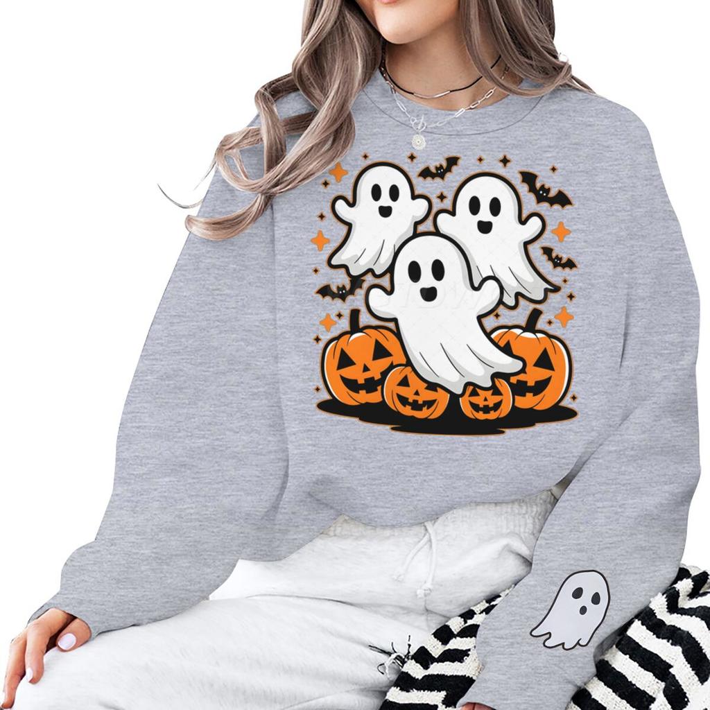 Halloween Cute Ghosts Pumpkin Print Sweatshirt Women Men Crew Neck Long Sleeve Pullover Cartoon Halloween Sweatshirts