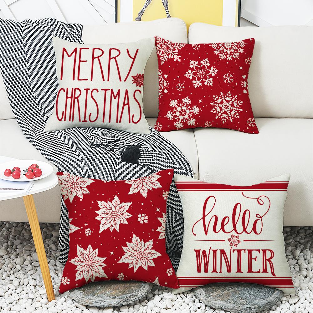 Christmas Red Pillowcase White Snowflake Linen Print Sofa Cushion Home Pillowcase