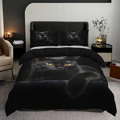 Dreiteiliges Set (1 Bettbezug + 2 Kissenbezüge, ohne Füllung) Kühles schwarzes Katzenmotiv Bettwäsche-Set, mehrere Größen