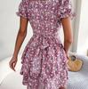 Elegant Floral Summer Dress for Women Square Collar Short Sleeve Lace Up Spring Outfit Sizes S To XL