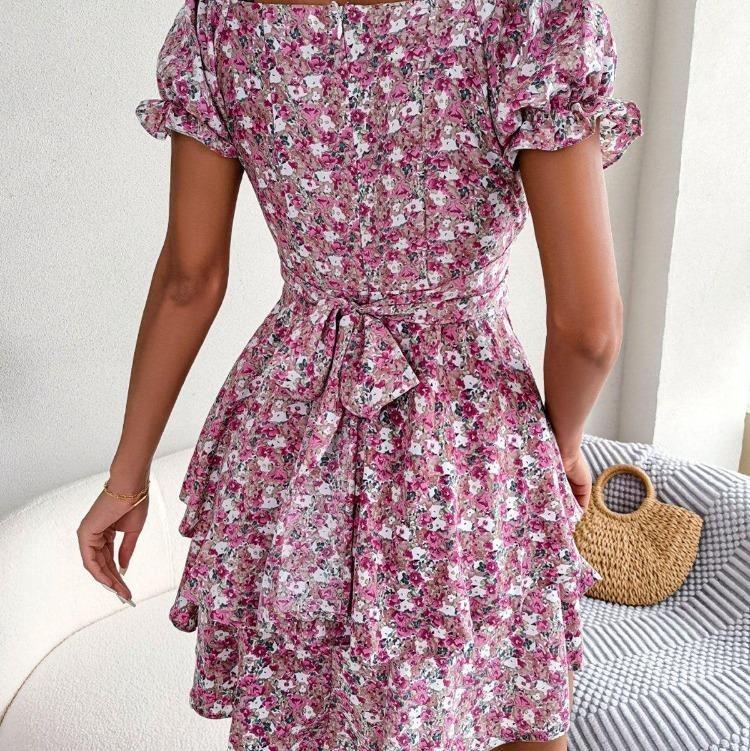 Elegant Floral Summer Dress for Women Square Collar Short Sleeve Lace Up Spring Outfit Sizes S To XL